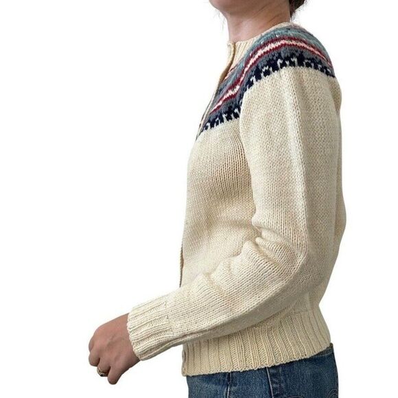 Vintage 1970s Womens Hand Knit 100% Wool Fair Isle Hippie Cardigan Sweater Sz M - Picture 6 of 7